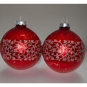 Shiny Brite Vtg Glass Christmas Ornaments Mica Glitter Stencil Red Retro Balls 2